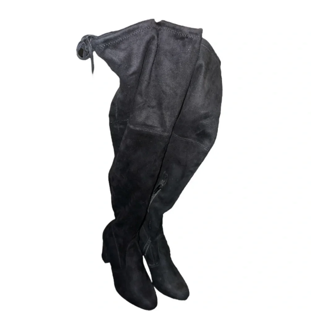 Black Suede Over The Knee Boots Block Heel Side Zip Tie Back Women Size‎ 6.5